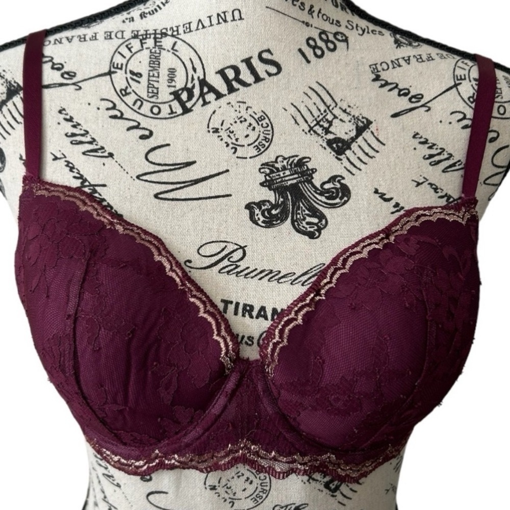 Victoria’s Secret Dream Angels Wine and Gold Lace Lined Demi Bra
